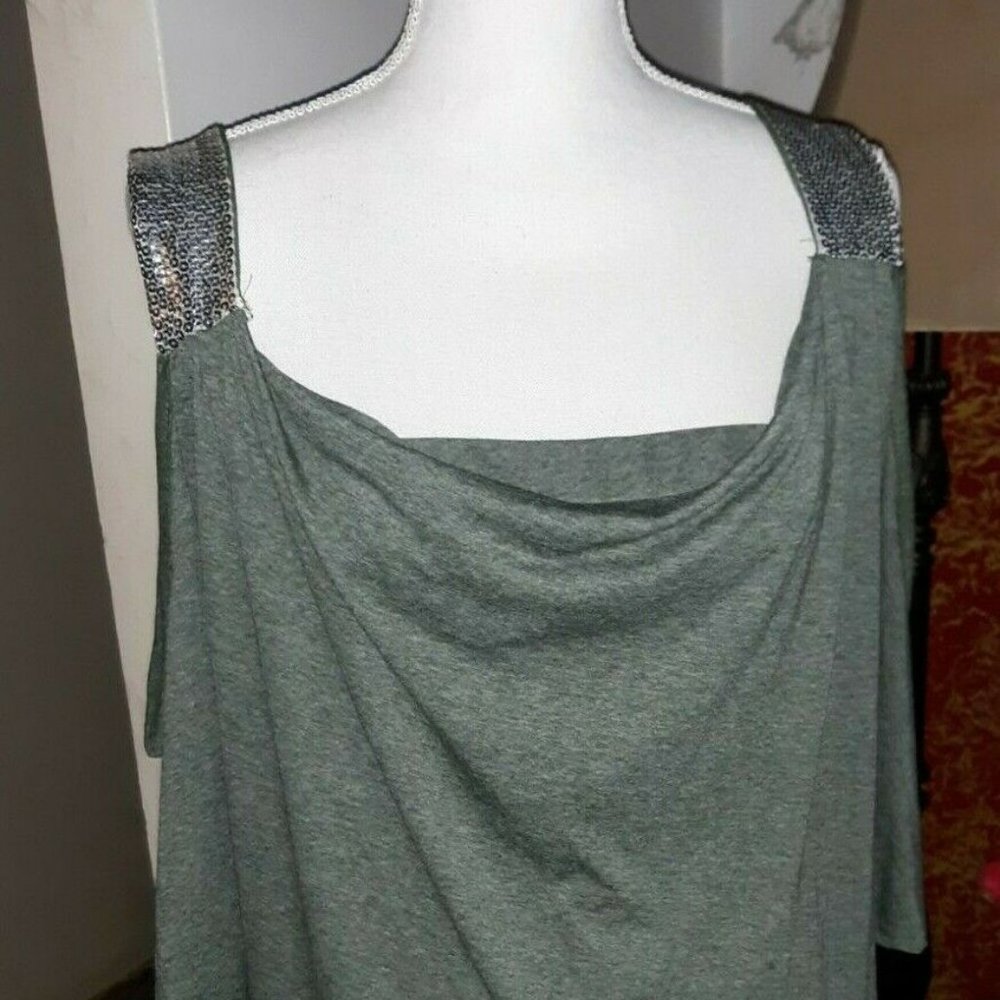 Ladies Plus Size Cold Shoulder Sequined Top Blouse T-Shirt Casual Size 18 Green